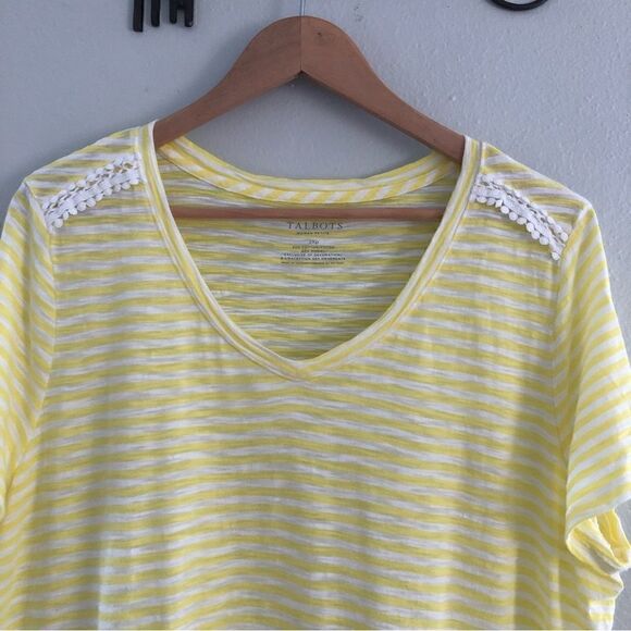 Talbots cotton blend yellow and white striped lattice lace V neck 2X tee shirt - Picture 2 of 7